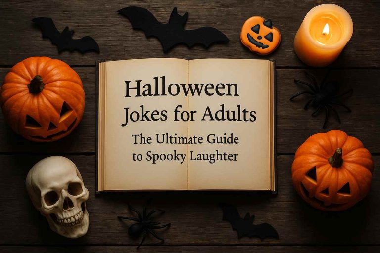 Halloween Jokes for Adults: The Ultimate Guide to Spooky Laughter Halloween-themed flat-lay with pumpkins, skull, spiders, bats, and candle on wood background.