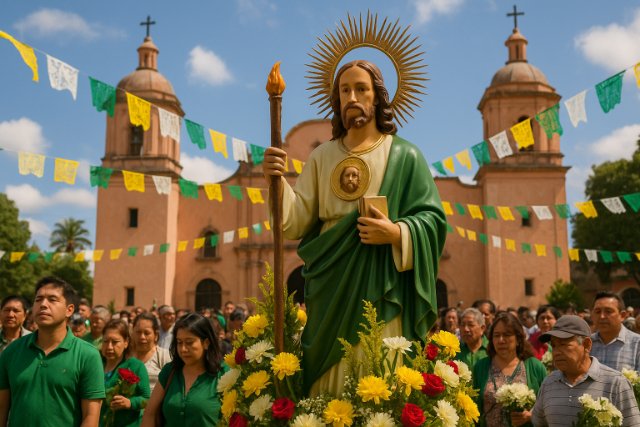 Statue of San Judas Tadeo surrounded by worshippers during his feast celebration.