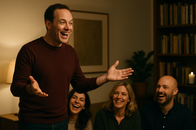 Man telling a joke to a laughing group at a cozy gathering.