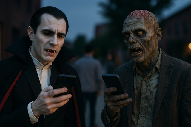 Vampire and zombie using smartphones on a city street at dusk.
