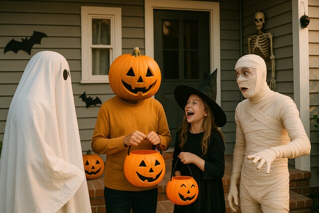 Halloween-costumed group laughing on decorated porch with pumpkins and skeleton.