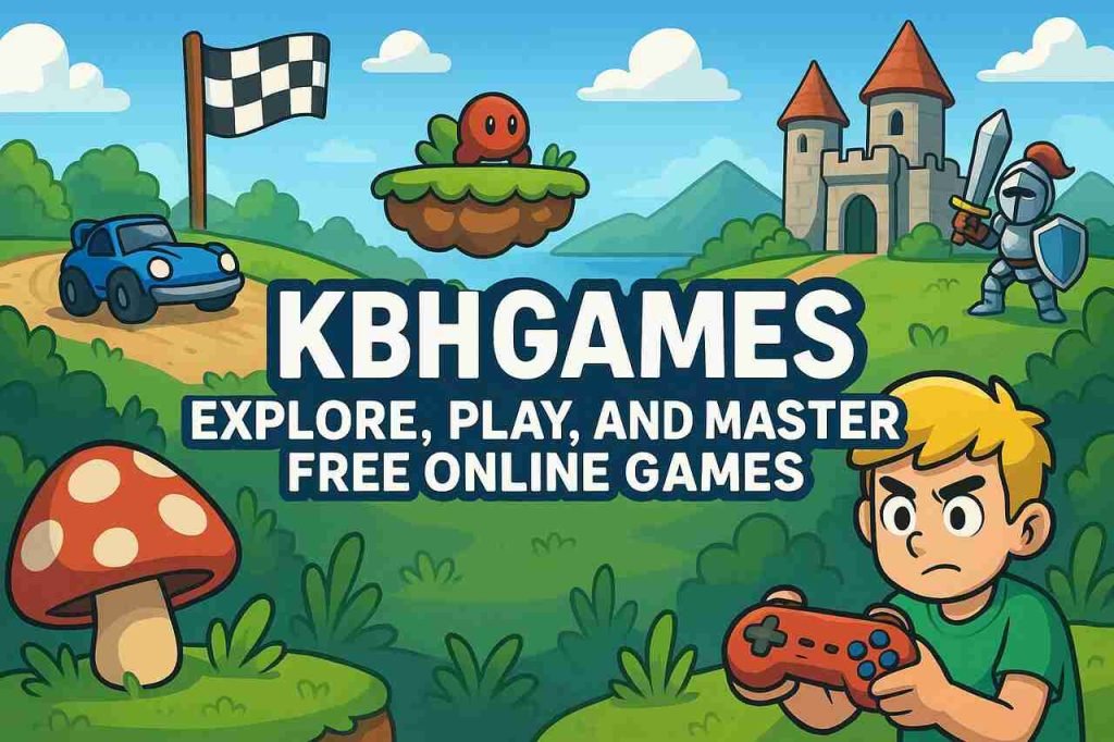 KBH Games: Explore, Play and Master Free Online Games Cartoon landscape of diverse online games with a kid holding a controller.