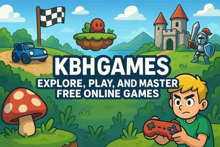 KBH Games: Explore, Play and Master Free Online Games Cartoon landscape of diverse online games with a kid holding a controller.