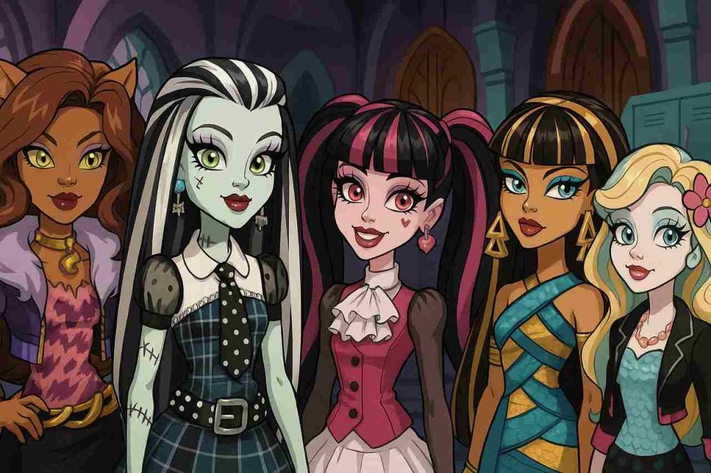 Monster High Characters: Explore the Iconic Ghouls, Their Stories Monster High characters in a gothic school hallway.