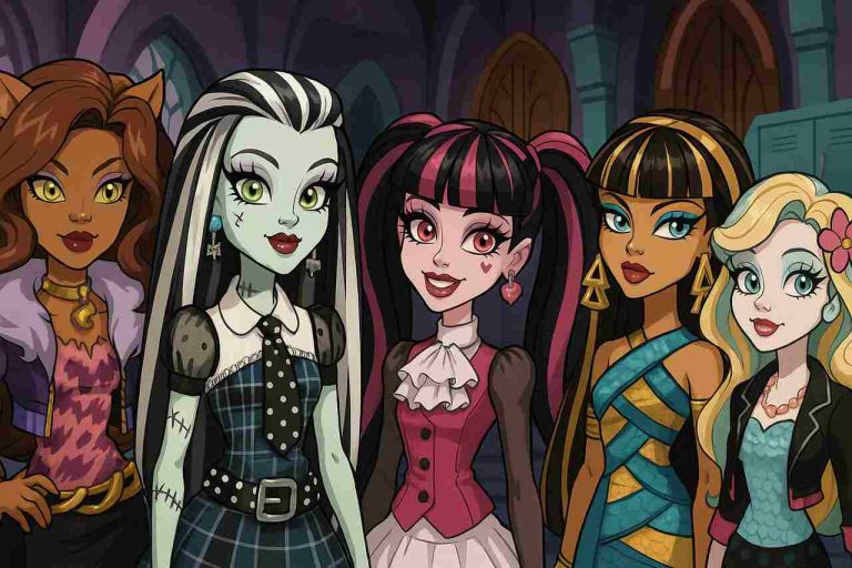 Monster High characters in a gothic school hallway.
