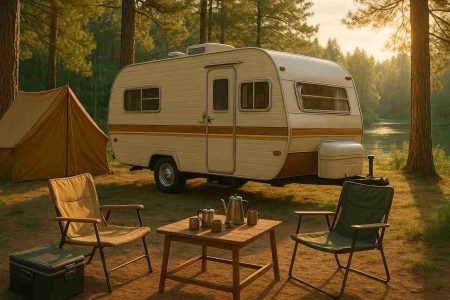 Vintage camper and tent setup at a peaceful forest campsite.