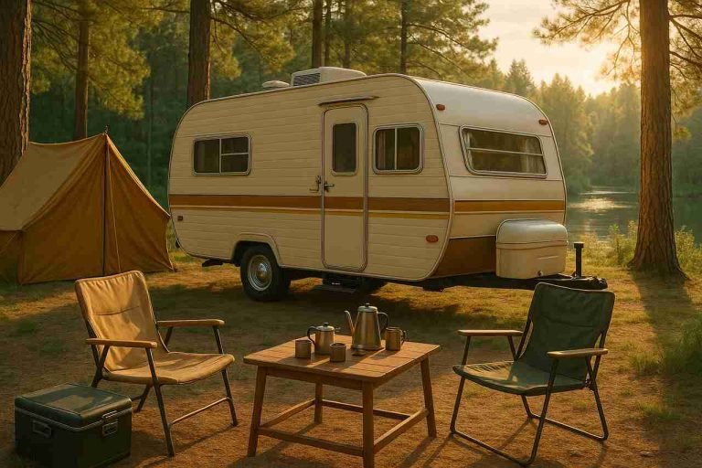 Mike’s Pretty Good Campers: Your Complete Guide to Comfortable Camping Solutions Vintage camper and tent setup at a peaceful forest campsite.
