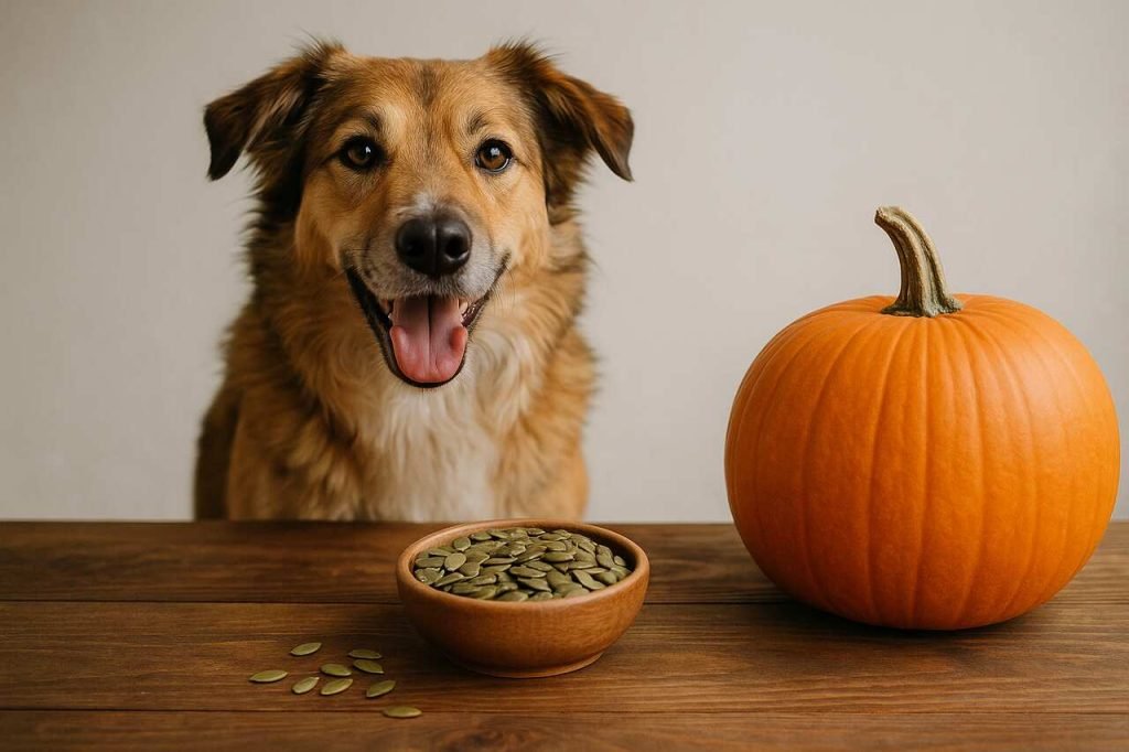Dog with pumpkin and bowl of pumpkin seeds on table.