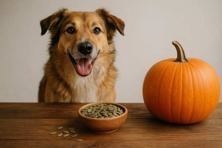 Dog with pumpkin and bowl of pumpkin seeds on table.