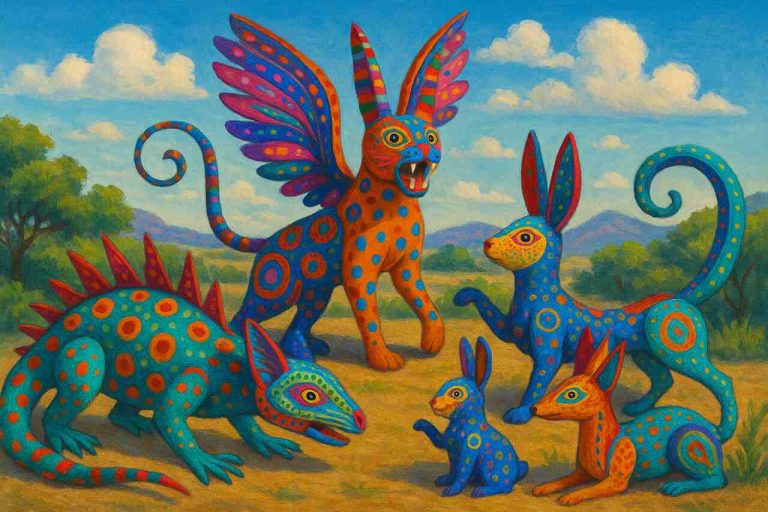 Colorful Mexican alebrijes in a sunlit rural setting
