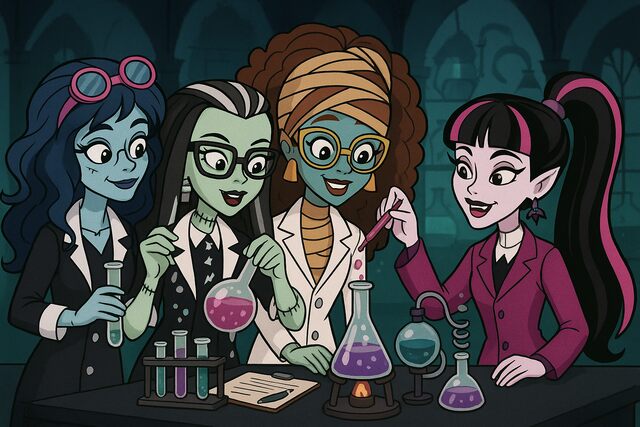 Monster High characters doing science experiments in a spooky lab.