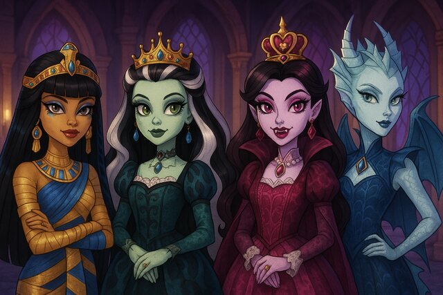 Monster High royal characters in gothic palace setting