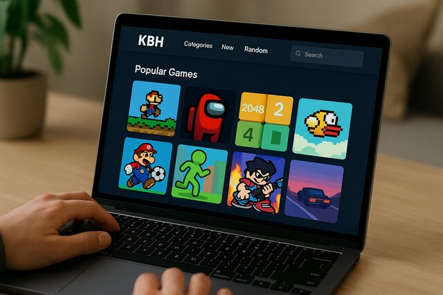 Browsing KBH Games on laptop with popular game thumbnails visible.