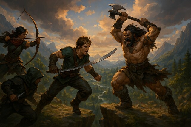 Fantasy battle with adventurers facing a barbarian on a mountain cliff.