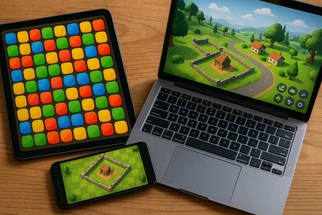 Devices showing puzzle, strategy, and simulation games.