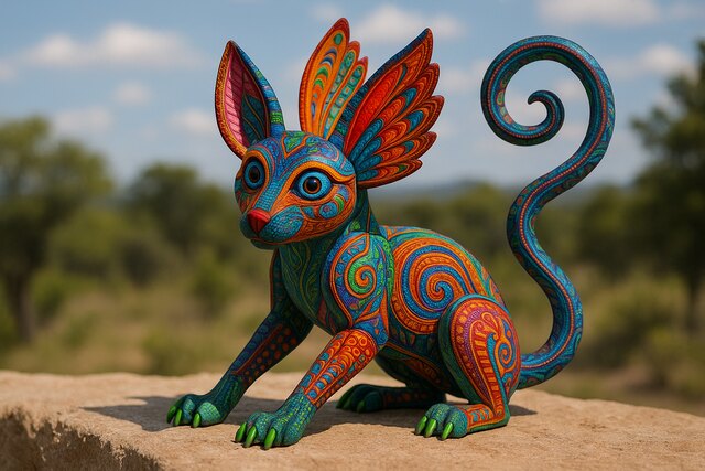 Colorful handmade Alebrije with wings on stone ledge outdoors