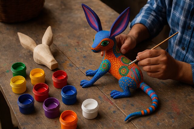 Artisan painting a vibrant Alebrije with detailed patterns.