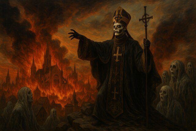 Demonic pope figure before burning gothic city with ghosts.