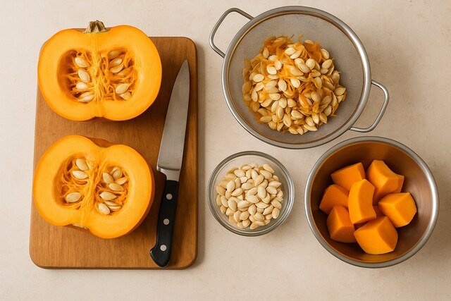 Preparing raw pumpkin seeds and flesh on a kitchen counter.