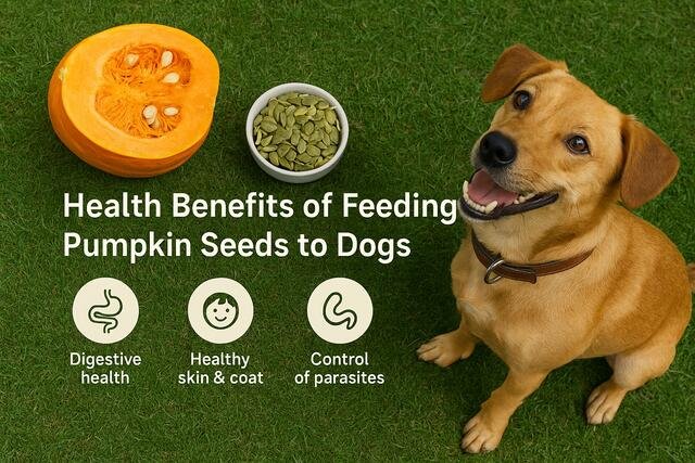 Dog sitting next to a bowl of pumpkin seeds and a halved pumpkin