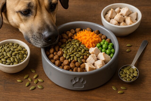 Dog sniffing bowl of kibble mixed with pumpkin seeds, chicken, peas, and carrots.