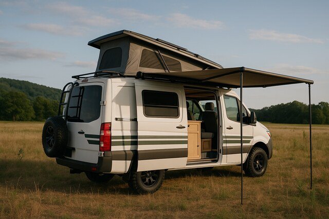 Customized camper van in a grassy field with pop-top roof and open side door.