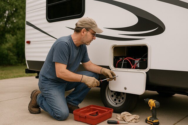 Man repairing camper trailer electrical panel outdoors.