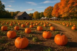 Pumpkin patch with barn and fall trees in autumn.