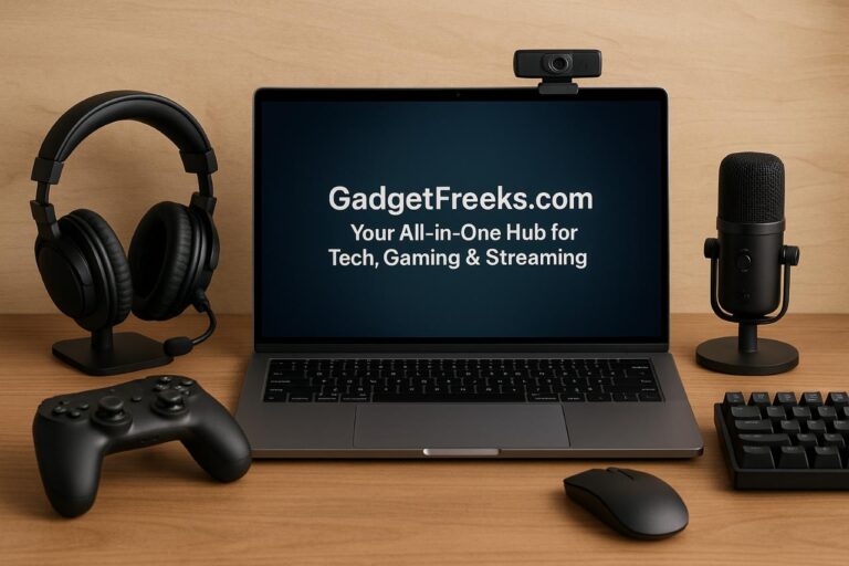 GadgetFreeks.com: Your All-in-One Hub for Tech, Gaming & Streaming Tech, gaming, and streaming desk setup with laptop and accessories.