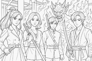 Anime-style K-pop demon hunters in a fantasy battle scene coloring page