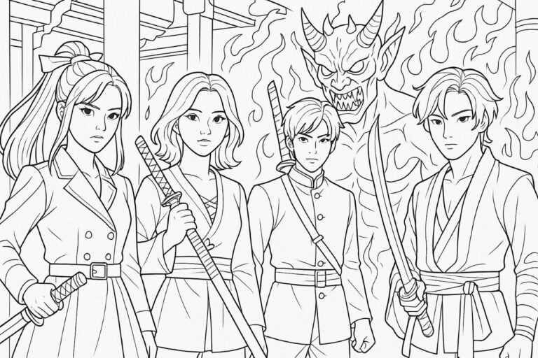 Kpop Demon Hunters Coloring Pages: Bring Your Favorite Heroes to Life Anime-style K-pop demon hunters in a fantasy battle scene coloring page