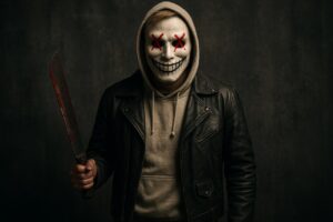 Purge costume with LED mask and machete for Halloween or cosplay.