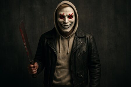 Purge costume with LED mask and machete for Halloween or cosplay.