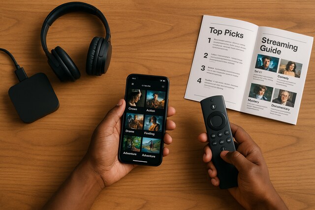 Hands using smartphone and streaming remote beside entertainment guide.