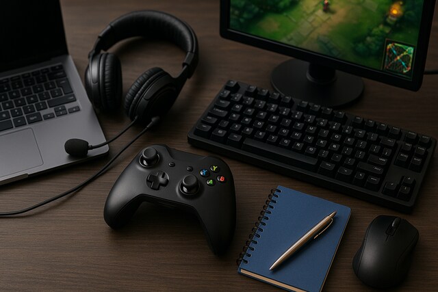 Gamer's desk setup with controller, keyboard, headset, and monitor