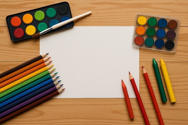 Coloring supplies organized around a blank sheet on a wooden table