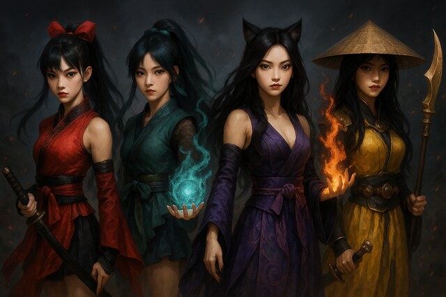Four Kpop Demon Hunter heroines with distinct outfits, powers, and colors