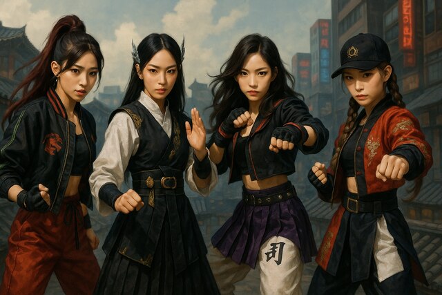 Kpop Demon Hunters in hybrid streetwear and traditional Korean fashion.
