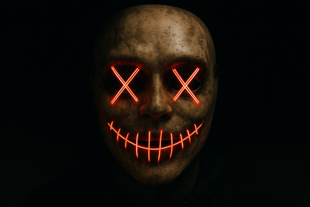 Realistic purge mask with glowing red eyes and stitched neon smile in the dark.