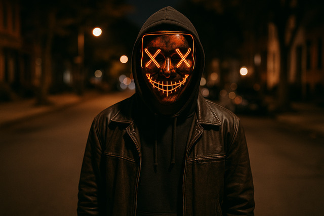 Person in Purge costume with LED mask on a city street at night.
