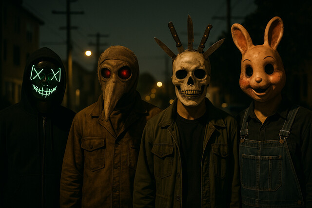 Four masked characters standing on a dark street, each representing a unique Purge persona.