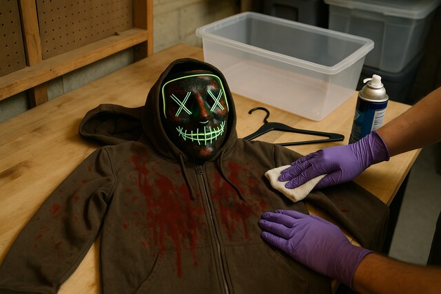 Cleaning a Purge costume hoodie with neon mask on a wooden workbench