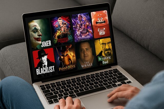 Person streaming movies on laptop via a free site interface.