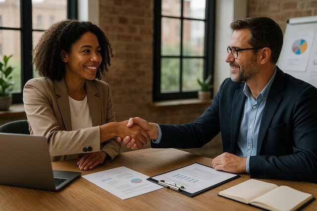 Business professionals shaking hands to establish a partnership.