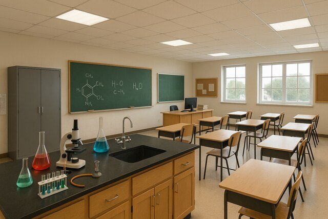 Modern classroom with science lab equipment and desks for students.