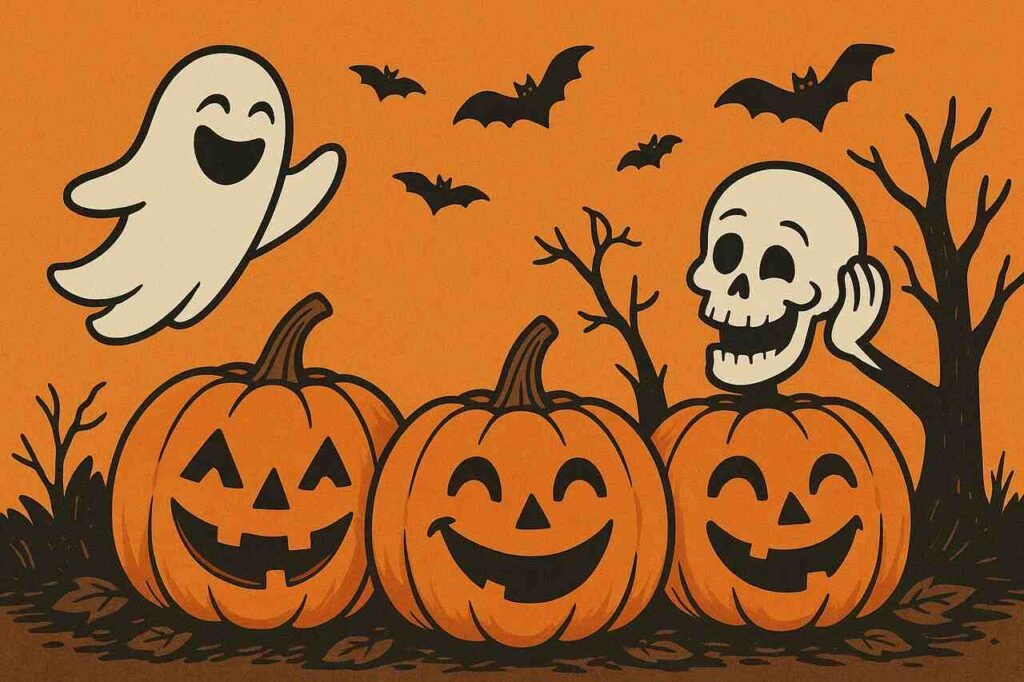 Funny Halloween scene with smiling pumpkins, ghost, and skeleton.