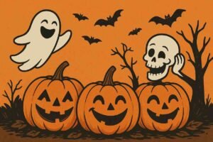Funny Halloween scene with smiling pumpkins, ghost, and skeleton.