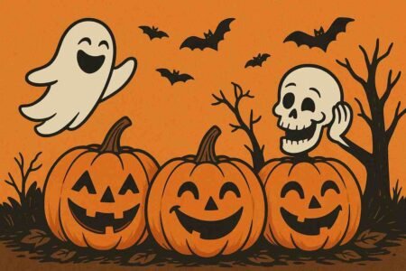 Funny Halloween scene with smiling pumpkins, ghost, and skeleton.