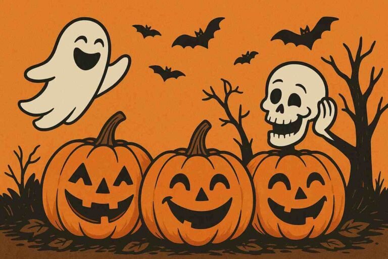 Funny Halloween Jokes to Make You Howl with Laughter Funny Halloween scene with smiling pumpkins, ghost, and skeleton.