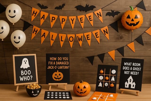 Funny Halloween party setup with joke-themed decorations and games.